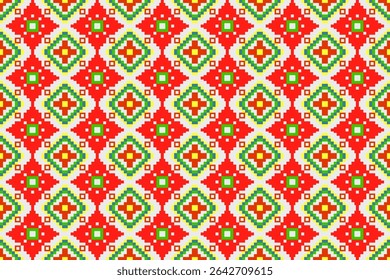 Vibrant Seamless Thai or Ethnic Geometric Pixel Art Pattern. This versatile pixel art pattern is ideal for digital backgrounds, web design, game assets, textiles, fashion, packaging, and culturally