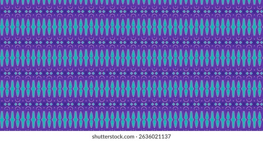 A vibrant seamless tribal-inspired pattern featuring geometric and symmetrical motifs in bright cyan and purple tones.