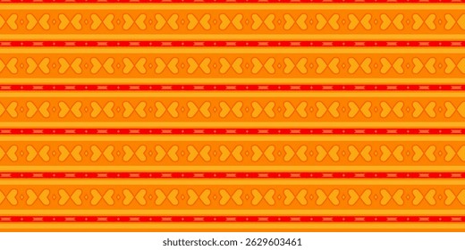 A vibrant seamless tribal-style pattern featuring warm orange and red tones with symmetrical butterfly-like shapes and geometric accents.