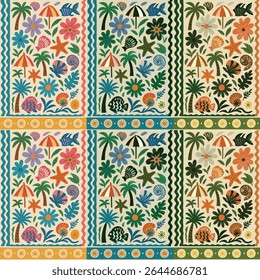 Padrão de praia tropical vibrante e sem costura com ornamentos de verão divertidos. Apresenta palmeiras, flores, estrelas-do-mar e guarda-chuvas em um design alegre e repetitivo. Ideal para tecidos e arte digital