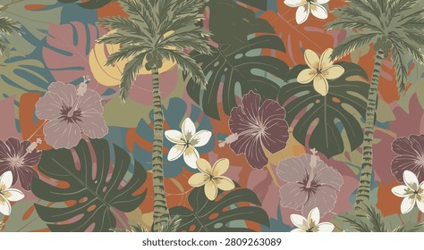 A vibrant, seamless tropical pattern featuring palm trees, monstera leaves, hibiscus, and plumeria flowers in a retro, colorful design.