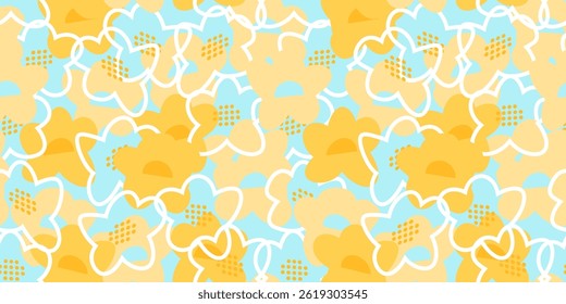 Vibrant seamless vector pattern with abstract floral elements in shades of yellow and blue. Playful and modern, perfect for textiles, wallpapers, packaging, fashion, stationery, and digital projects
