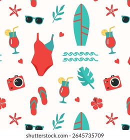 Vibrant seamless vector pattern with beach essentials: swimsuits, surfboards, and tropical elements. Ideal for summer fashion, resort branding, party decor, and holiday-themed backgrounds.
