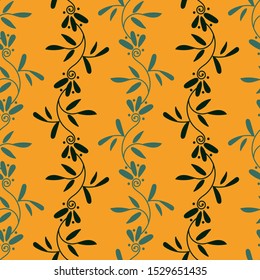 A vibrant seamless vector pattern with botanical stripes on a bright mustard yellow background. Feminine, romantic surface print design. Great for wrapping paper, textiles and stationery.
