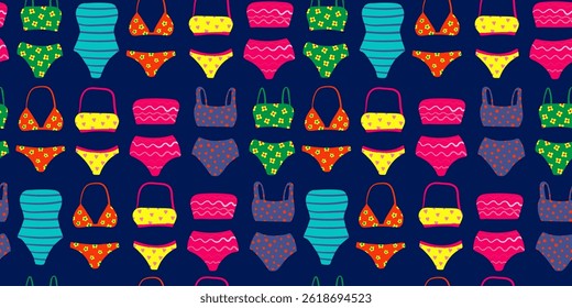vibrant seamless vector pattern of colorful swimwear on dark blue background, repeating summer beachwear design, modern and playful swimsuit texture for fashion and textile