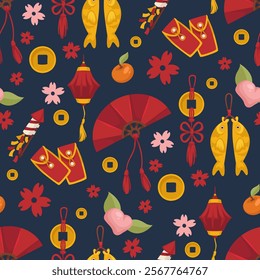A vibrant seamless vector pattern featuring Chinese New Year symbols like lanterns, fans, and flowers, designed with bold colors. Ideal for festive decor and print projects.