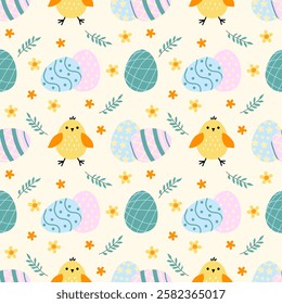 A vibrant seamless vector pattern featuring cute chicks, Easter eggs, and flowers. Perfect for packaging, textiles, greeting cards, and festive decor.