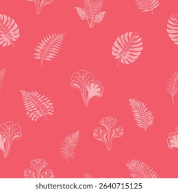 A vibrant, seamless vector pattern featuring various stylized fern and leaf motifs in shades of pink, perfect for modern and playful design projects.