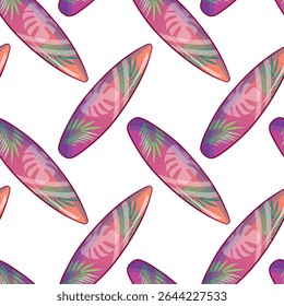 Vibrant seamless vector pattern featuring colorful surfboards in a playful summer beach style. Ideal for textile design, packaging, wallpapers, digital backgrounds, and summer-themed products. 