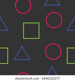 Um padrão de vetor vibrante e contínuo com uma interação de contornos coloridos de formas geométricas fundamentais — círculos, quadrados e triângulos — em um fundo profundo e contrastante.