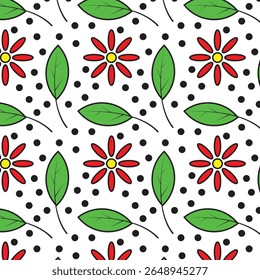 A vibrant, seamless vector pattern featuring stylized red flowers with yellow centers and green leaves, interspersed with playful black dots on a clean white ground.