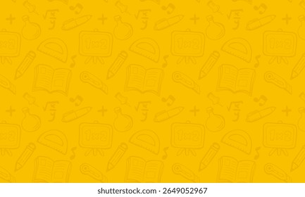Vibrant seamless vector pattern featuring hand-drawn educational elements like books, pens, rulers, and math symbols. Perfect for school-themed backgrounds, textiles, or wrapping paper.