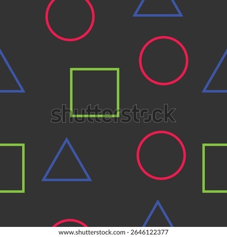 A vibrant, seamless vector pattern featuring an interplay of colorful outlines of fundamental geometric shapes—circles, squares, and triangles—set against a deep, contrasting background.