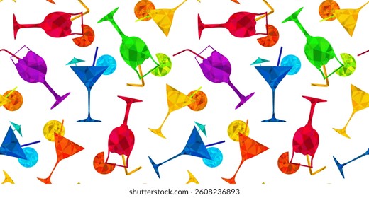 vibrant seamless vector pattern of geometric cocktails, abstract triangle style, colorful summer drink repeat design, modern art background, party celebration texture, bright and playful