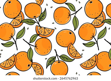 Vibrant seamless vector pattern with hand-drawn oranges, slices, and green leaves. Perfect for food packaging, kitchen decor, fresh produce themes, and refreshing summer backgrounds.
