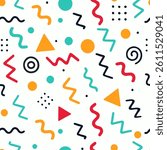 Vibrant seamless vector pattern in Memphis style featuring multicolored abstract geometric shapes on clean white background, retro 80s 90s aesthetic