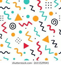 Vibrant seamless vector pattern in Memphis style featuring multicolored abstract geometric shapes on clean white background, retro 80s 90s aesthetic