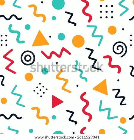 Vibrant seamless vector pattern in Memphis style featuring multicolored abstract geometric shapes on clean white background, retro 80s 90s aesthetic