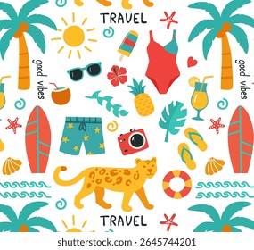 Padrão de vetor sem emenda vibrante com um tema divertido de viagem de verão e praia. Apresenta elementos tropicais, maiôs e itens de férias. Ideal para têxteis, decoração de festa e marca de férias.
