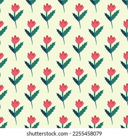 Vibrant seamless vector pattern of red flower with green stem and leaves for wrapping and printing 