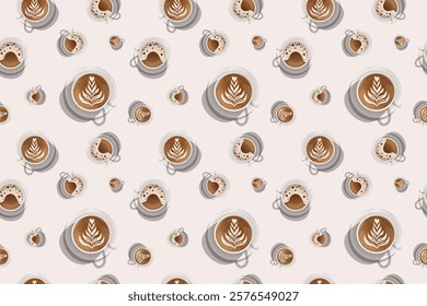 A vibrant seamless vector pattern showcasing coffee cups viewed from above. Each cup features intricate latte art designs, making it perfect for textures, packaging concepts