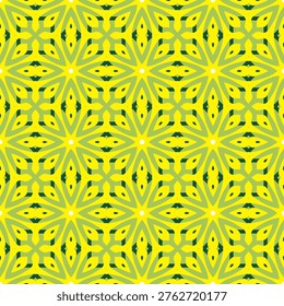 A vibrant, seamless vector pattern showcasing a complex starburst and floral geometric design. The illustration features radiating pointed shapes in shades of lime green and yellow, accented by dark green silhouettes. Each tile unit forms a multi-pointed star or stylized flower, creating a rich, rhythmic texture. The style is contemporary and high-energy, perfect for summer-themed branding, activewear textiles, or decorative surface prints.