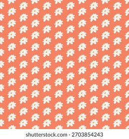 Um padrão de vetor sem emenda vibrante com flores pequenas, brancas como margaridas e centros amarelos em um fundo laranja queimado alegre. Ideal para impressão têxtil, papel de parede e várias decorações digitais ou domésticas.