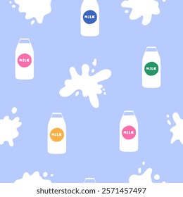 Vibrant seamless vector patterns with bottle of milks and splashes on blue background for stylish stationery and prints.