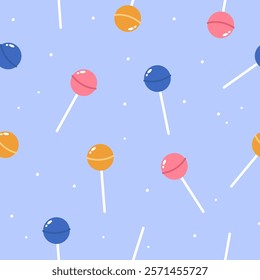 Vibrant seamless vector patterns with colorful lollipops on blue background for stylish stationery and prints.
