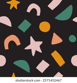 Vibrant seamless vector patterns with hand drawn geometric shapes for stylish stationery and prints.
