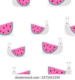 Vibrant seamless vector patterns with watermelon snails for stylish stationery and prints.
