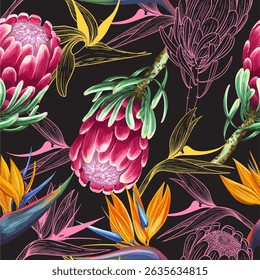 Vibrant seamless watercolor patterns with exotic flowers on a dark background. Perfect for stylish packaging, textiles, fabric prints, and bold branding designs.