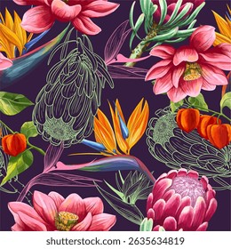 Vibrant seamless watercolor patterns with exotic flowers on a dark background. Perfect for stylish packaging, textiles, fabric prints, and bold branding designs.