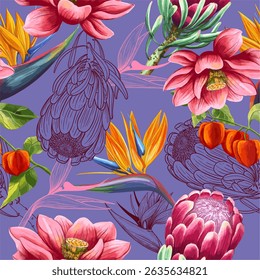 Vibrant seamless watercolor patterns with exotic flowers on a dark background. Perfect for stylish packaging, textiles, fabric prints, and bold branding designs.
