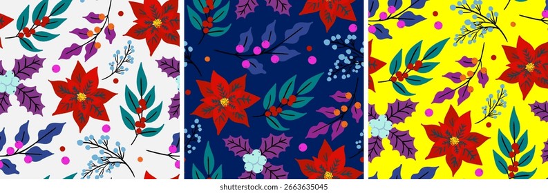lebendige, nahtlose Winterurlaubsbilder mit bunten Blumenmotiven auf weißem, dunkelblauem und gelbem Hintergrund für festliches Design
