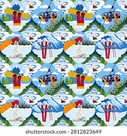 Vibrant seamless winter sports pattern featuring ski, snowboard, figure skates, and chairlift motifs inside blue geometric medallions over green pine forest. Playful active holiday vector design.