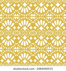 Vibrant seamless yellow pattern featuring intricate heart and floral designs, perfect for fabric and textile designs, wallpapers, and backgrounds.