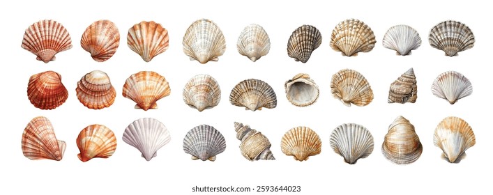 Vibrant seashell illustrations: diverse shapes and patterns, perfect for beach-themed designs, nature projects, or adding coastal charm to any creation.