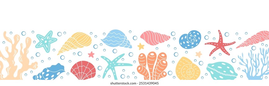 Vibrantes conchas marinas y patrón de vida marina gráfico. Este diseño de Vector submarino incluye varios Elementos marinos, creando un colorido arrecife oceánico. Criaturas marinas en un entorno lúdico.