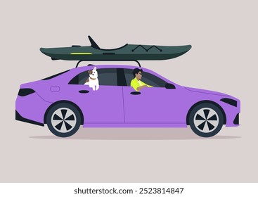 A vibrant sedan journeys down a sunny road, carrying a kayak and a happy dog with a person ready for adventure and relaxation by the water's edge