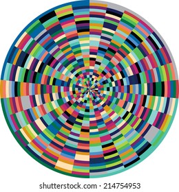 Vibrant, segmented concentric rings fill a large circle, forming a dynamic abstract pattern with a mosaic-like quality and colorful geometric appeal.
