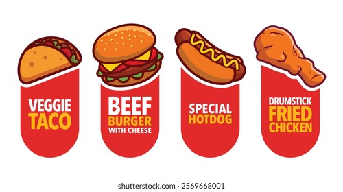 vibrant selection of fast food items, ,a veggie taco, beef burger, hotdog and fried chicken, ideal for menu design or food-related advertising