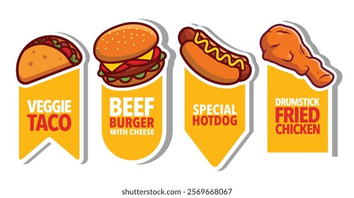 vibrant selection of fast food items, ,a veggie taco, beef burger, hotdog and fried chicken, ideal for menu design or food-related advertising