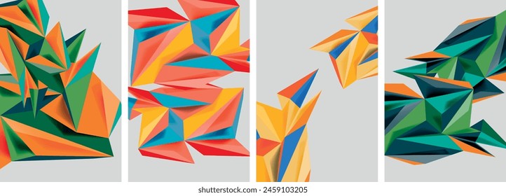 A vibrant selection of geometric shapes in orange, blue, green, and pink, set on a crisp white background. These artful patterns are perfect for textile design or creative arts projects