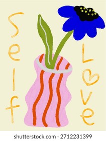 Vibrante mensaje de amor propio con flor azul y florero a rayas
