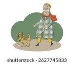 Vibrant Senior Living: Fashionable Walk with a Dog, a stylish elderly gentleman enjoying an energetic walk with his loyal canine companion. For age-friendly, active aging, Healthy Lifestyle concepts