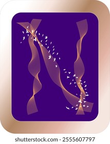 A vibrant series of flowing golden ribbons and birds in flight symbolizes creativity, freedom, and harmony, set against a rich purple background with elegant metallic framing.
