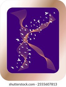 A vibrant series of flowing golden ribbons and birds in flight symbolizes creativity, freedom, and harmony, set against a rich purple background with elegant metallic framing.