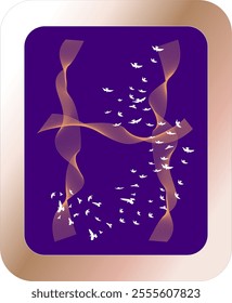A vibrant series of flowing golden ribbons and birds in flight symbolizes creativity, freedom, and harmony, set against a rich purple background with elegant metallic framing.