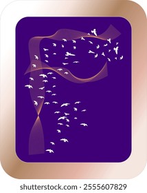 A vibrant series of flowing golden ribbons and birds in flight symbolizes creativity, freedom, and harmony, set against a rich purple background with elegant metallic framing.